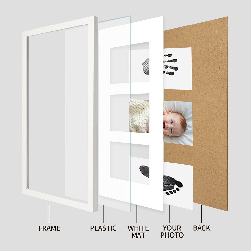 Cadre photo triple à grain bois noir et blanc 20,32x40,64 cm avec texte pour bureau ou mur, avec carnet d’impression inclus - Cadre souvenir pour empreintes de mains et de pieds, cadeau DIY pour nouvelle maman, style classique, orientation horizontale, re
