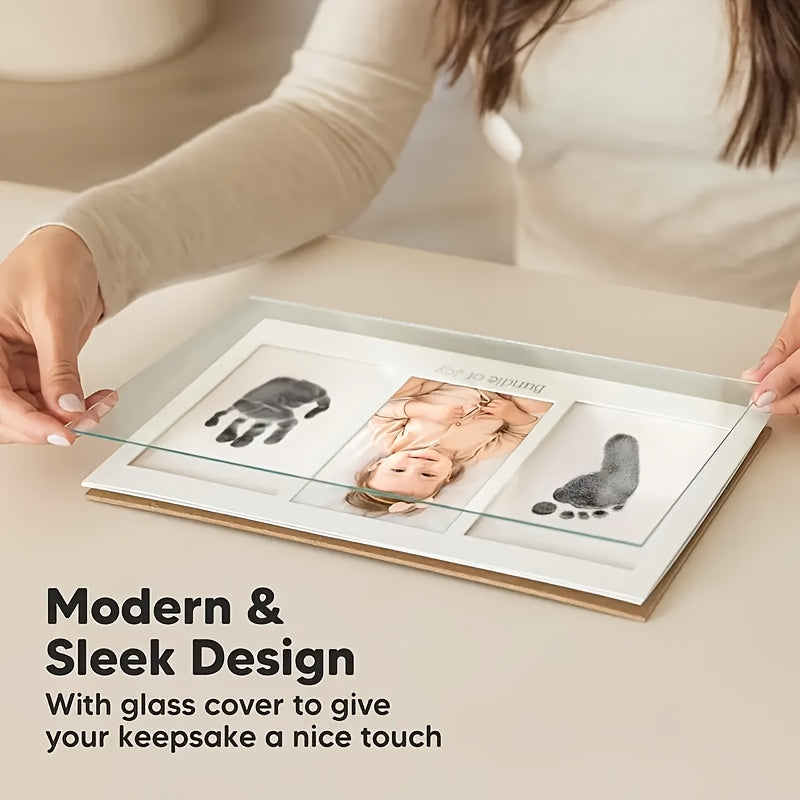 Cadre photo triple à grain bois noir et blanc 20,32x40,64 cm avec texte pour bureau ou mur, avec carnet d’impression inclus - Cadre souvenir pour empreintes de mains et de pieds, cadeau DIY pour nouvelle maman, style classique, orientation horizontale, re