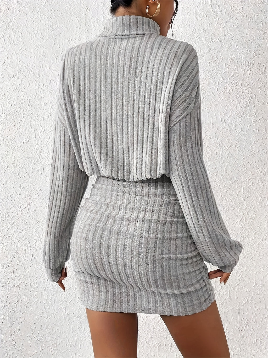 Ribbed Cinched Waist Bodycon Dress, Elegant Turtleneck Long Sleeve Dress For Spring & Fall, Women's Clothing