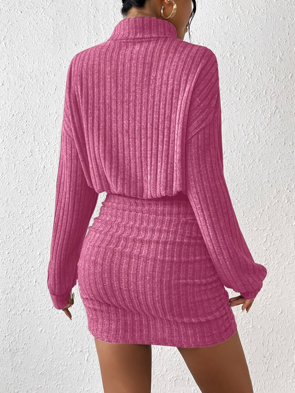 Ribbed Cinched Waist Bodycon Dress, Elegant Turtleneck Long Sleeve Dress For Spring & Fall, Women's Clothing