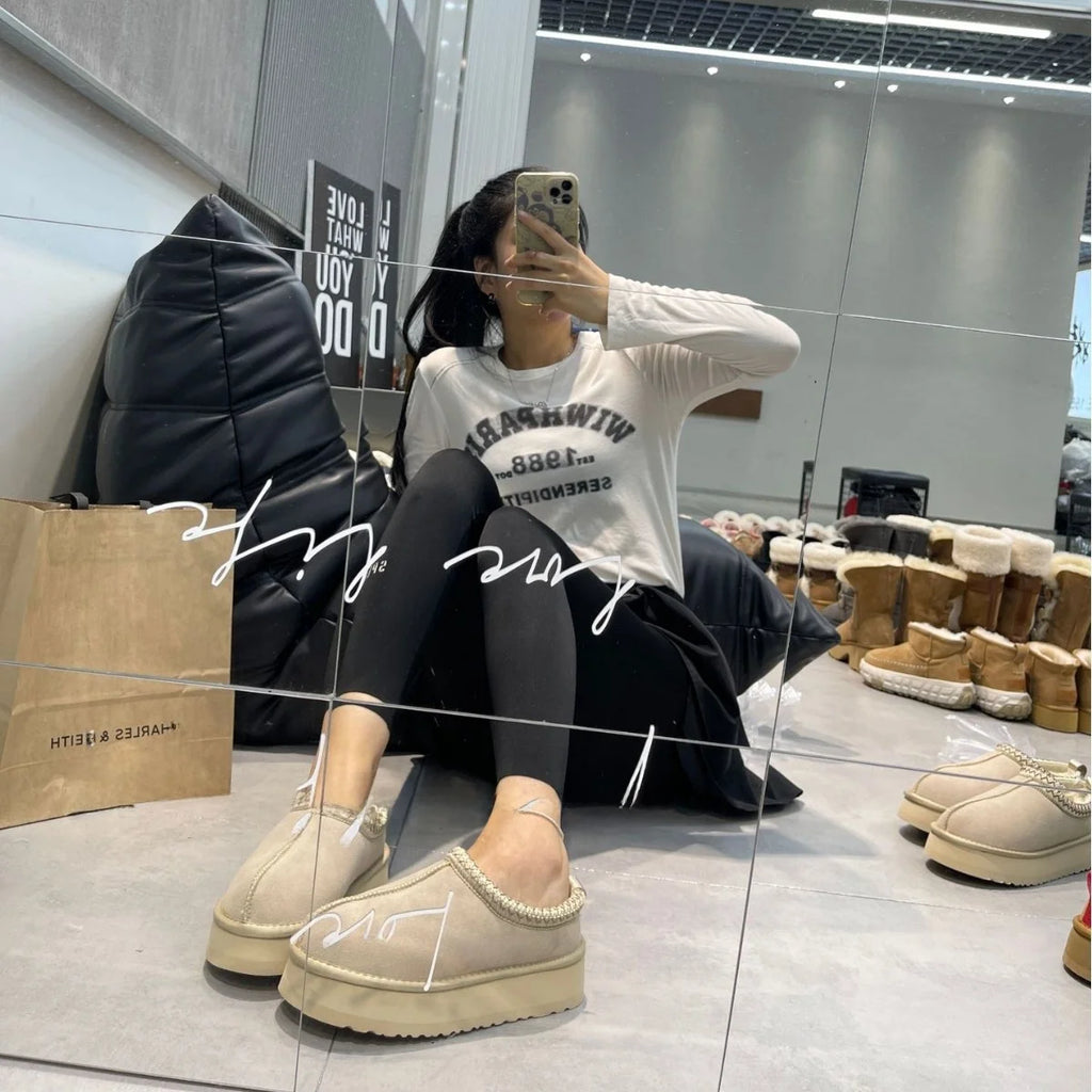 PRUGGI automne hiver fond épais tissé en peau de mouton bottes femmes sans lacet bottes de neige décontracté bout rond plate-forme bottines