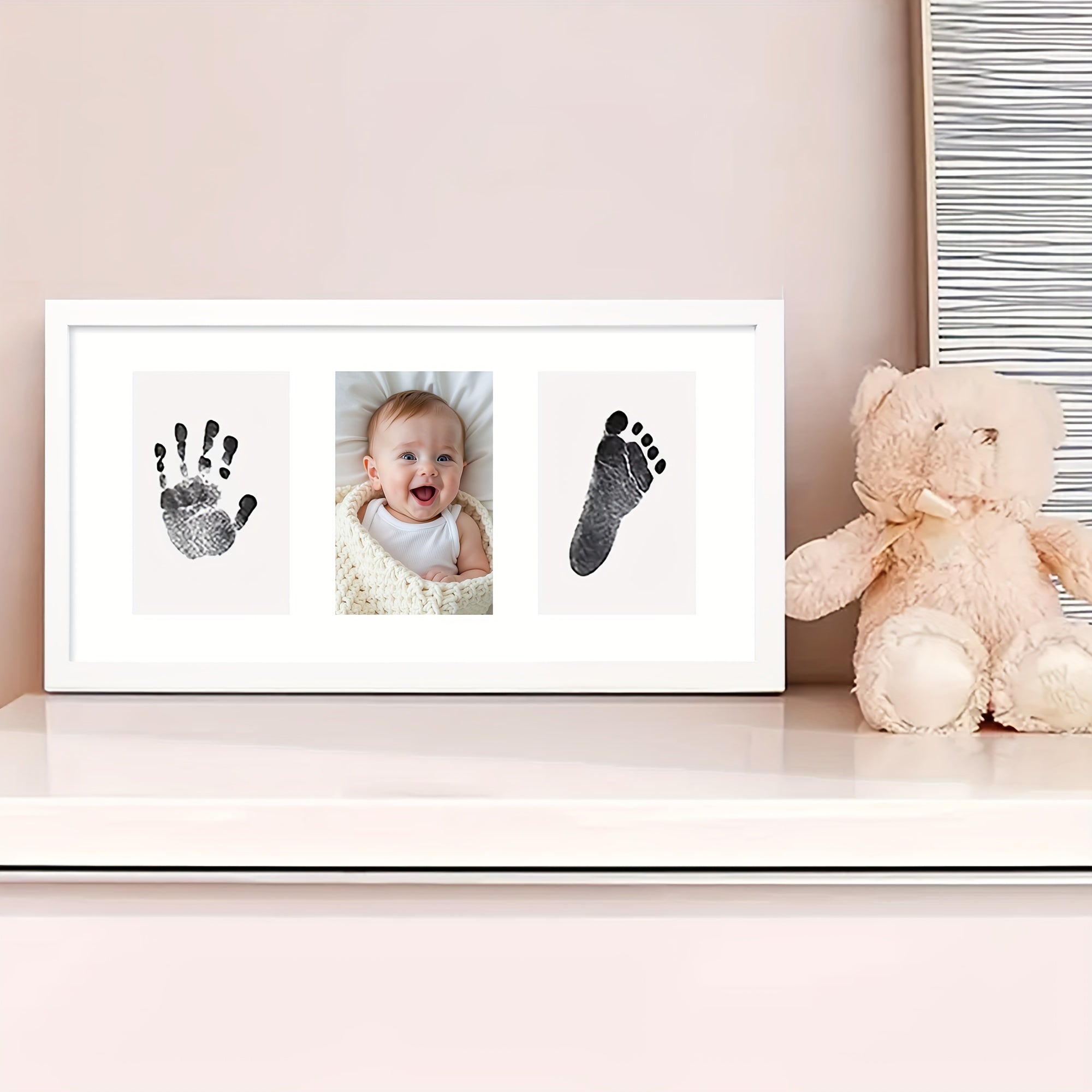 Cadre photo triple à grain bois noir et blanc 20,32x40,64 cm avec texte pour bureau ou mur, avec carnet d’impression inclus - Cadre souvenir pour empreintes de mains et de pieds, cadeau DIY pour nouvelle maman, style classique, orientation horizontale, re