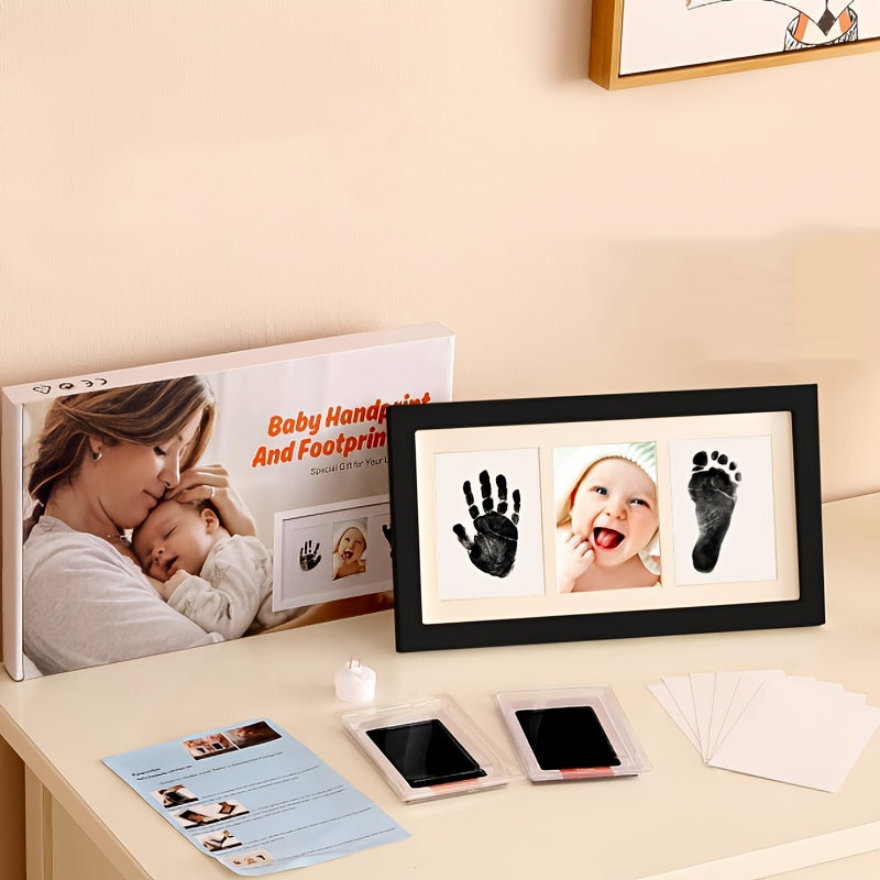 Cadre photo triple à grain bois noir et blanc 20,32x40,64 cm avec texte pour bureau ou mur, avec carnet d’impression inclus - Cadre souvenir pour empreintes de mains et de pieds, cadeau DIY pour nouvelle maman, style classique, orientation horizontale, re
