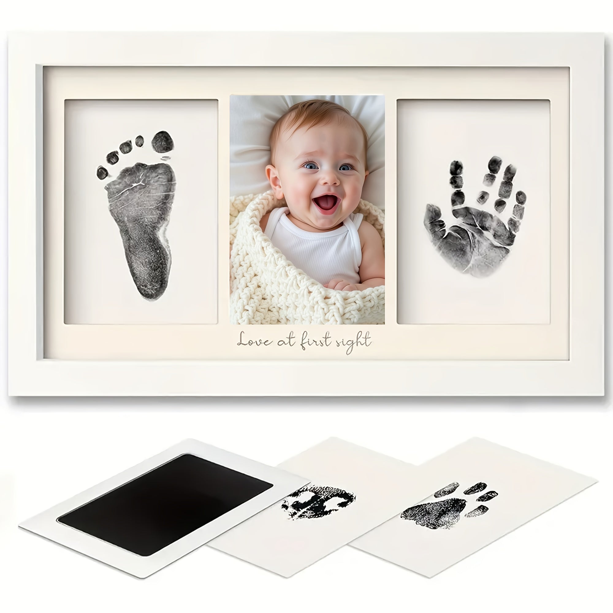 Cadre photo triple à grain bois noir et blanc 20,32x40,64 cm avec texte pour bureau ou mur, avec carnet d’impression inclus - Cadre souvenir pour empreintes de mains et de pieds, cadeau DIY pour nouvelle maman, style classique, orientation horizontale, re