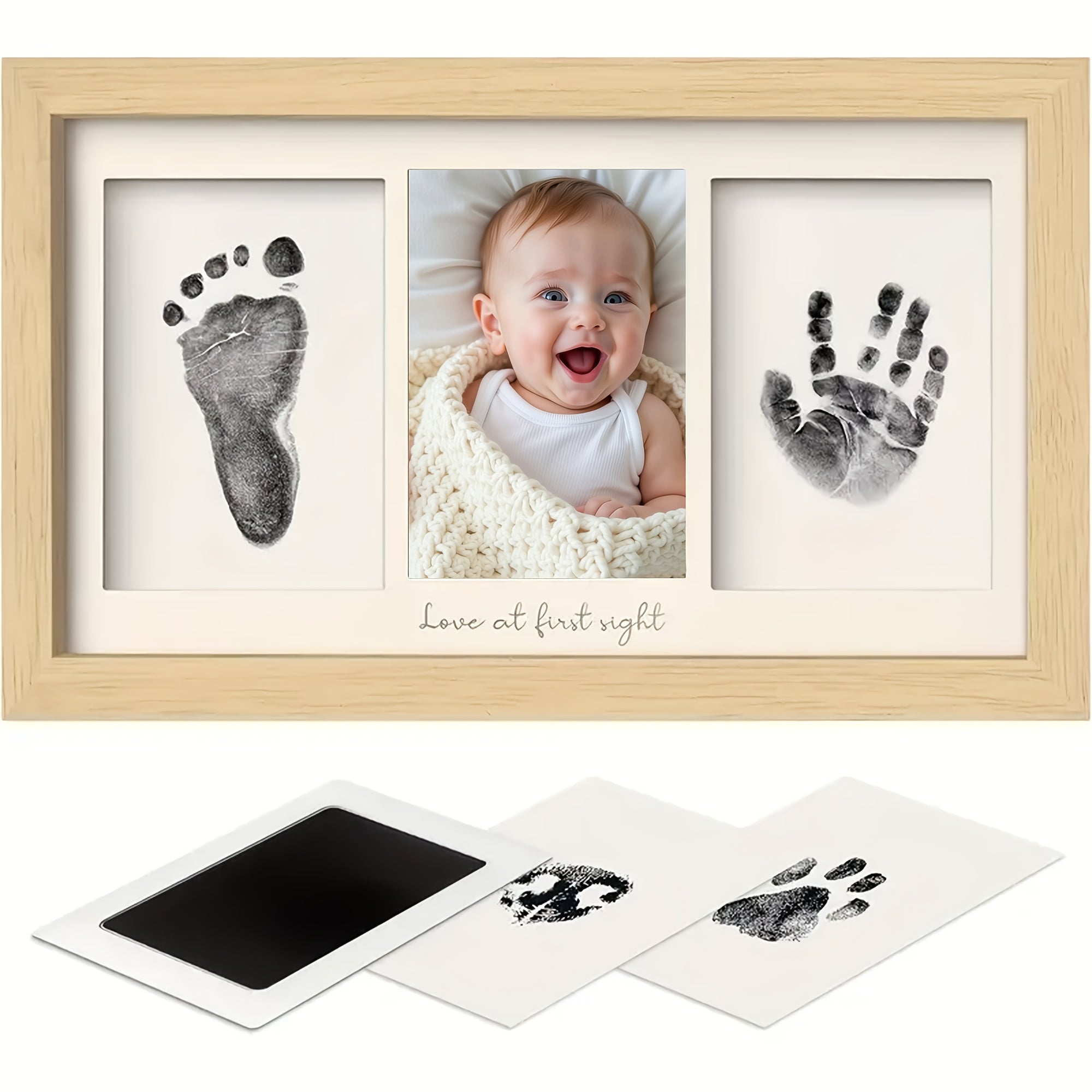 Cadre photo triple à grain bois noir et blanc 20,32x40,64 cm avec texte pour bureau ou mur, avec carnet d’impression inclus - Cadre souvenir pour empreintes de mains et de pieds, cadeau DIY pour nouvelle maman, style classique, orientation horizontale, re