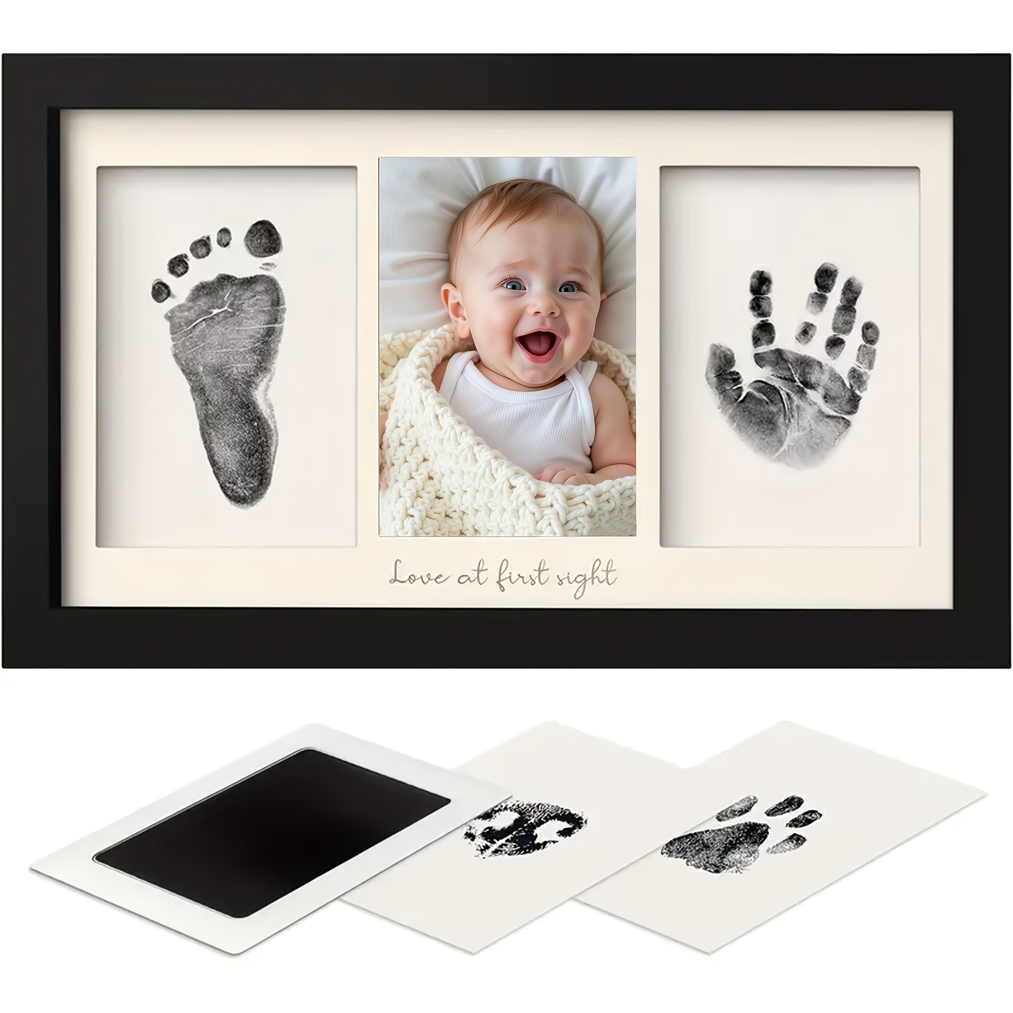 Cadre photo triple à grain bois noir et blanc 20,32x40,64 cm avec texte pour bureau ou mur, avec carnet d’impression inclus - Cadre souvenir pour empreintes de mains et de pieds, cadeau DIY pour nouvelle maman, style classique, orientation horizontale, re